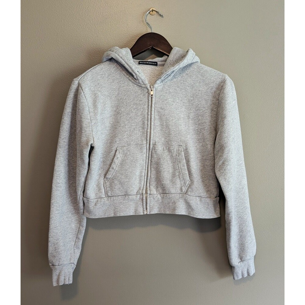 Brandy Melville Womens Grey Full Zip Up Cropped Hoodie Sweatshirt Heather OS - Picture 2 of 5